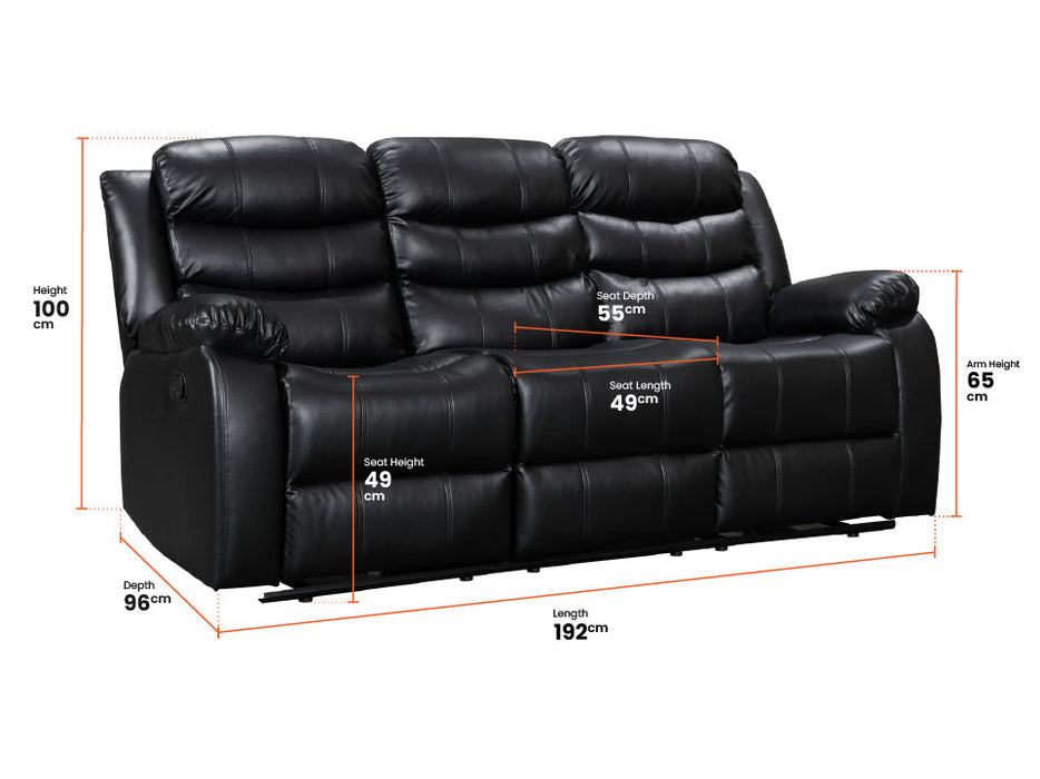 3 2 Recliner Sofa Set Plus Pouffe & Footstool in Black Leather with Drop-Down Table & Drink Holders - Sorrento