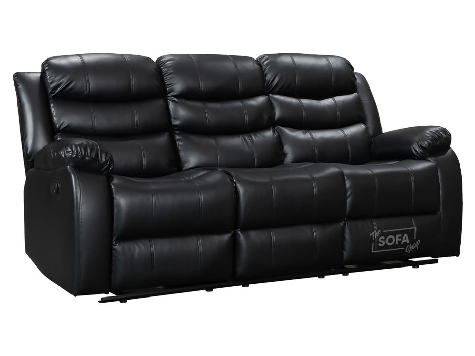 3 Piece Sofa Set - Recliner Sofa - 3+3+3 Seat Sofa Suite Package in Black Leather with Folding Table & Cupholders - Sorrento