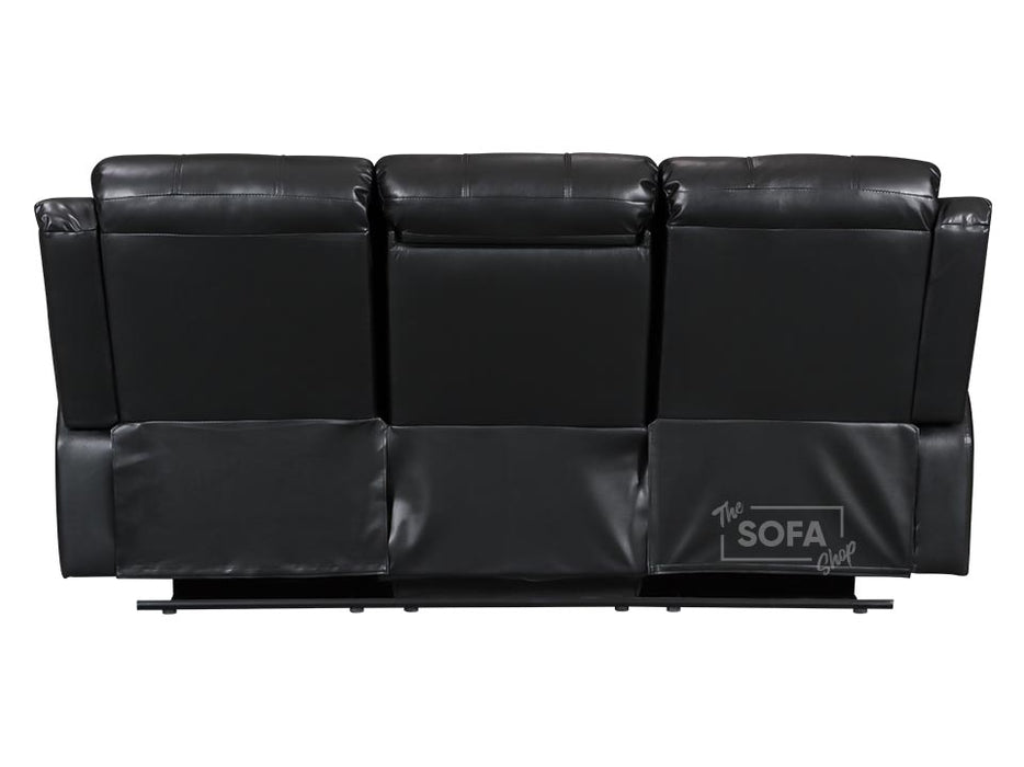 3 Piece Sofa Set - Recliner Sofa - 3+3+3 Seat Sofa Suite Package in Black Leather with Folding Table & Cupholders - Sorrento