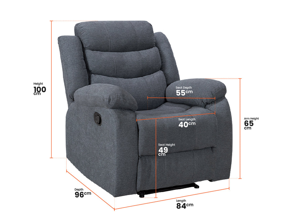 3 1 1 Recliner Sofa Set inc. Chairs in Dark Grey Fabric with Drop-Down Table & Cup Holders - Sorrento