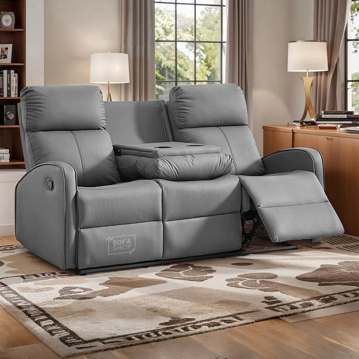 3 Seater Recliner Sofa in Grey Leather with Drop-Down Table & Cup Holders | Parma | The Sofa Shop