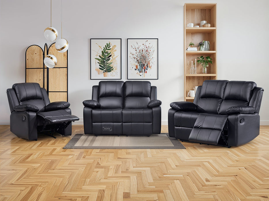 3 Piece Sofa Set - Recliner Sofa - 2+2+1 Seat Sofa Suite Package in Black Leather - Trento