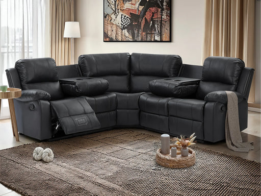 Recliner Corner Sofa in Black Leather with Drop Down Tables & Cup Holders - Trento - Sofa Sale