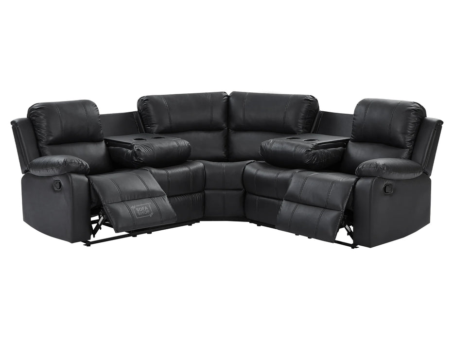 Recliner Corner Sofa in Black Leather with Drop Down Tables & Cup Holders - Trento