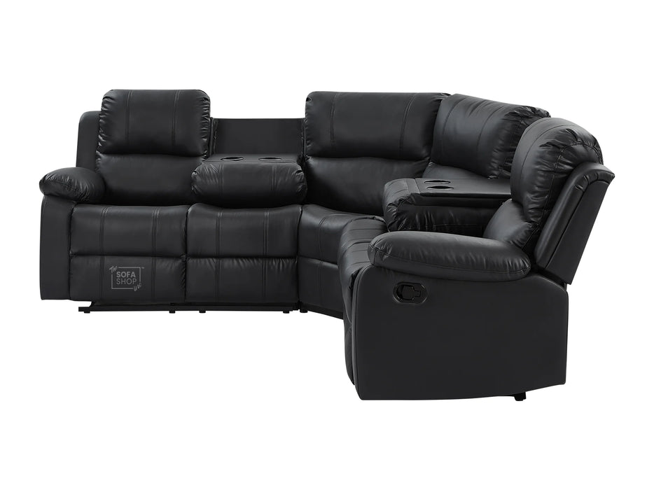 Recliner Corner Sofa in Black Leather with Drop Down Tables & Cup Holders - Trento