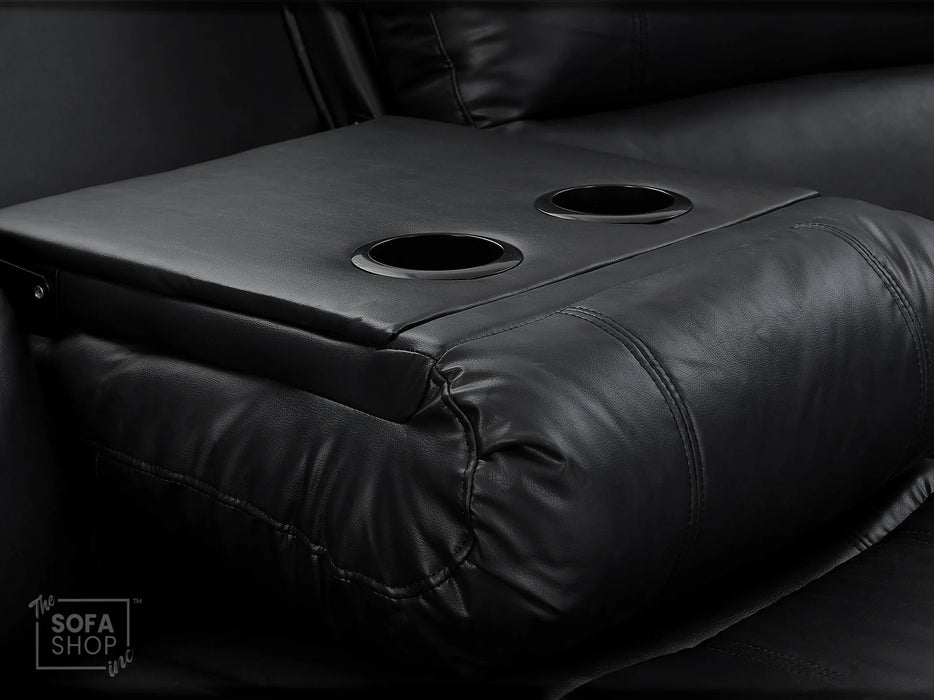 Recliner Corner Sofa in Black Leather with Drop Down Tables & Cup Holders - Trento