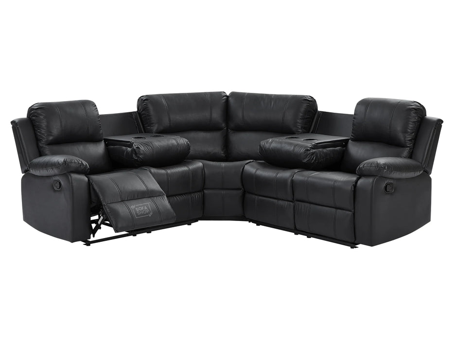 Recliner Corner Sofa in Black Leather with Drop Down Tables & Cup Holders - Trento