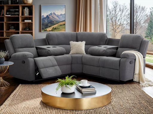 Recliner Corner Sofa in Dark Grey Fabric with Drop Down Tables & Cup Holders - Trento