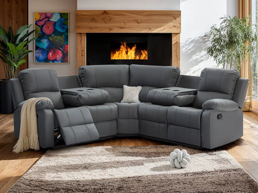 Recliner Corner Sofa in Grey Leather with Drop Down Tables & Cup Holders - Trento