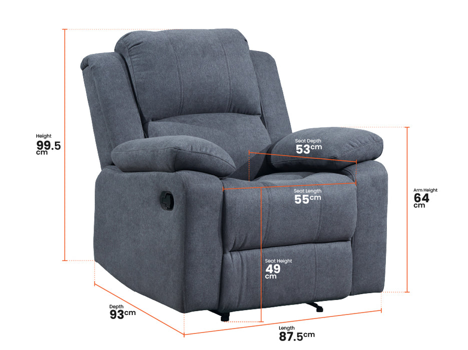 3 1 1 Recliner Sofa Set inc. Chairs in Dark Grey Fabric with Drop-Down Table & Cup Holders - Trento