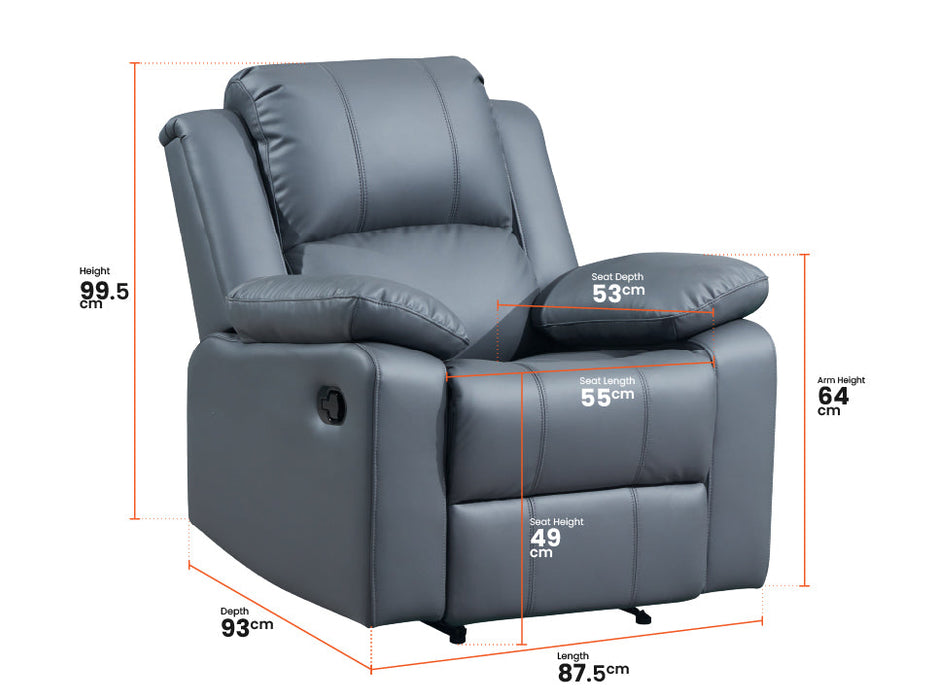 3 Piece Sofa Set - Recliner Sofa - 2+2+1 Seat Sofa Suite Package in Grey Leather - Trento
