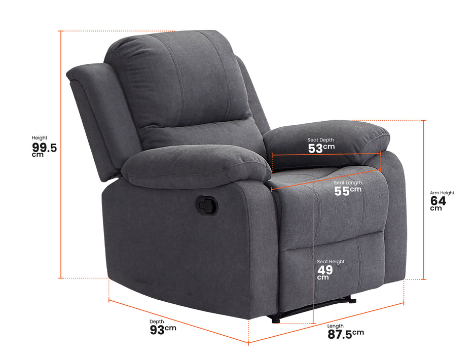 3+1 Recliner Sofa Set inc. Chair in Dark Grey Fabric with Drop-Down Table & Cup Holders - 2 Piece Trento Sofa Set