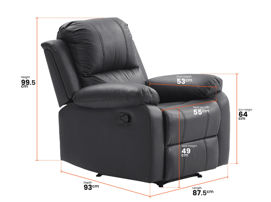 3+1 Recliner Sofa Set inc. Chair in Black Leather with Drop-Down Table & Cup Holders - 2 Piece Trento Sofa Set