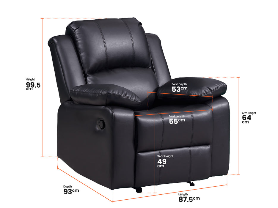 3+1 Recliner Sofa Set inc. Chair in Black Leather with Drop-Down Table & Cup Holders - 2 Piece Trento Sofa Set