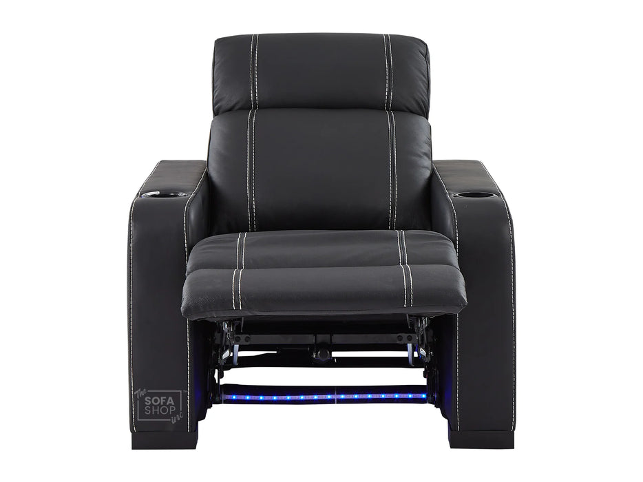 Electric Recliner Chair in Black Real Leather With White Stitching + Cup Holders + LED Light - Rimini