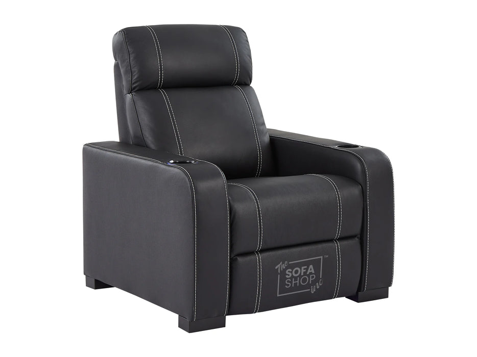 Electric Recliner Chair in Black Real Leather With White Stitching + Cup Holders + LED Light - Rimini