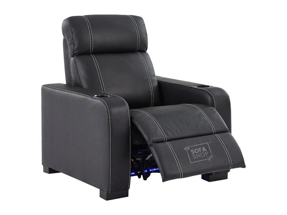 3+1 Electric Recliner Sofa Set Package in Black Real Leather With White Stitching, USB, Storage, and Electric Recliner Chair in Black Real Leather With White Stitching + Cup Holders + LED Light - Rimini- Rimini