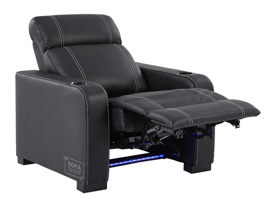 Electric Recliner Chair in Black Real Leather With White Stitching + Cup Holders + LED Light - Rimini