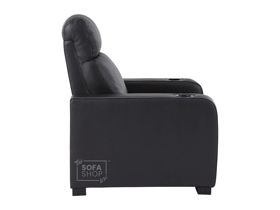 Electric Recliner Chair in Black Real Leather With White Stitching + Cup Holders + LED Light - Rimini