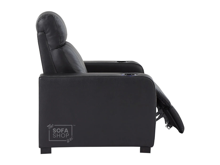 Electric Recliner Chair in Black Real Leather With White Stitching + Cup Holders + LED Light - Rimini