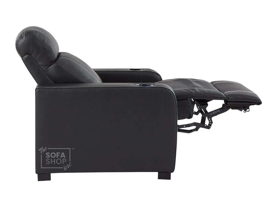 3+1 Electric Recliner Sofa Set Package in Black Real Leather With White Stitching, USB, Storage, and Electric Recliner Chair in Black Real Leather With White Stitching + Cup Holders + LED Light - Rimini- Rimini