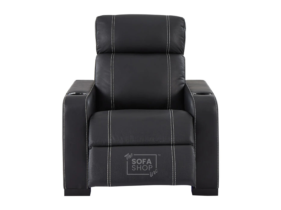 Electric Recliner Chair in Black Real Leather With White Stitching + Cup Holders + LED Light - Rimini