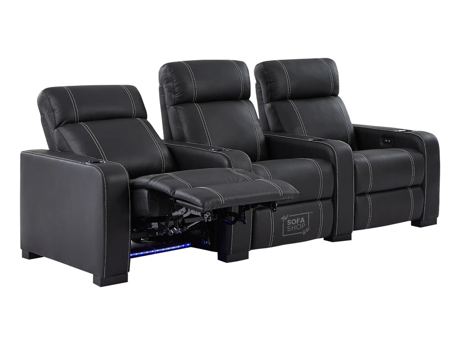 3+1 Electric Recliner Sofa Set Package in Black Real Leather With White Stitching, USB, Storage, and Electric Recliner Chair in Black Real Leather With White Stitching + Cup Holders + LED Light - Rimini- Rimini