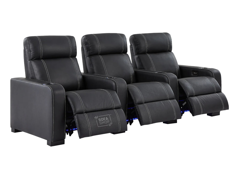 3+1 Electric Recliner Sofa Set Package in Black Real Leather With White Stitching, USB, Storage, and Electric Recliner Chair in Black Real Leather With White Stitching + Cup Holders + LED Light - Rimini- Rimini