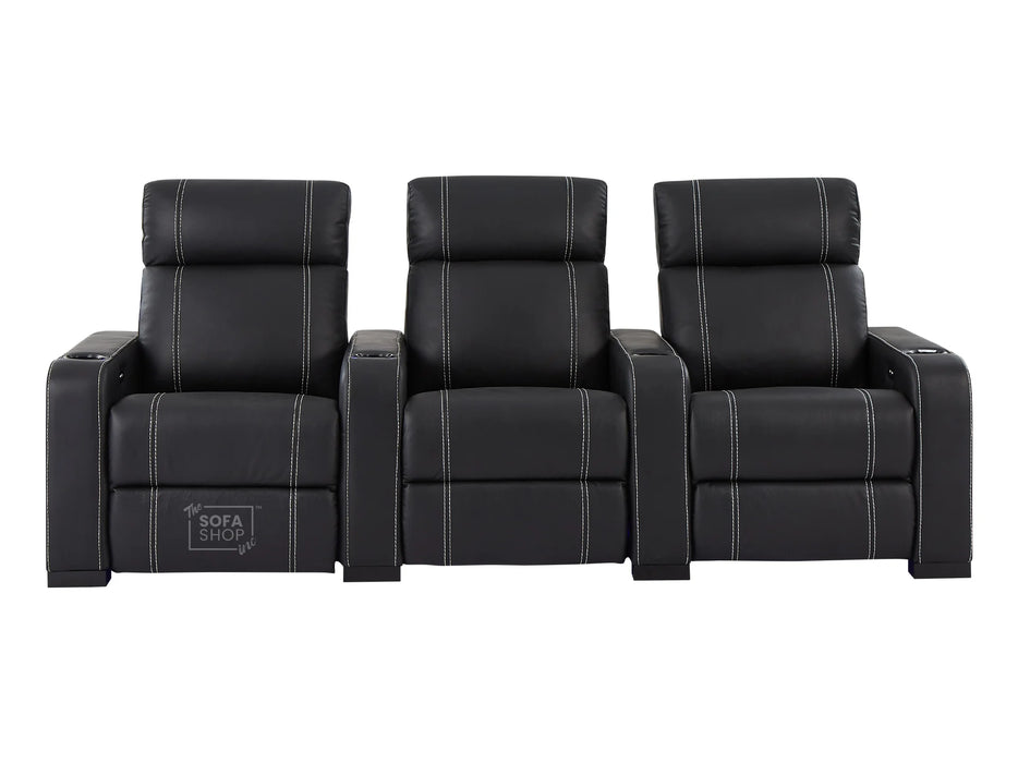 Electric Recliner Cinema Sofa 3 Seater in Black Real Leather with White Stitching, USB Ports, Cup Holders - Rimini