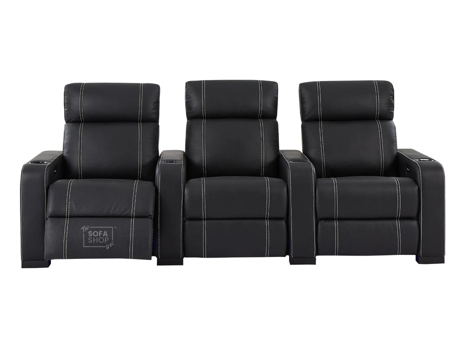 3+1 Electric Recliner Sofa Set Package in Black Real Leather With White Stitching, USB, Storage, and Electric Recliner Chair in Black Real Leather With White Stitching + Cup Holders + LED Light - Rimini- Rimini