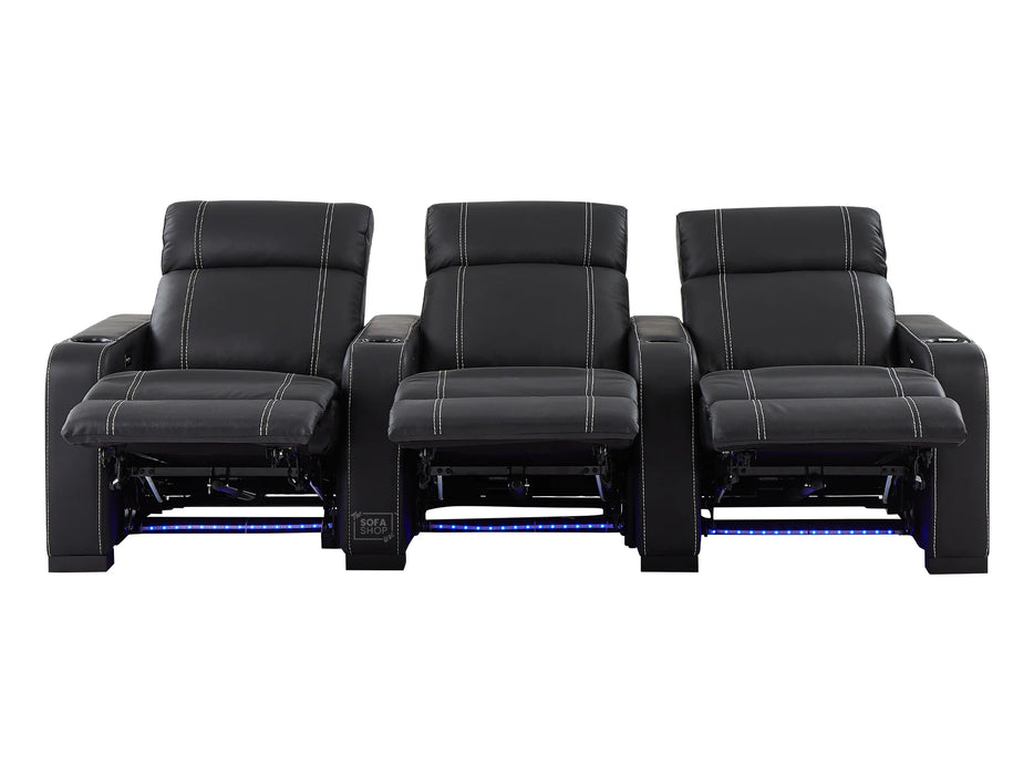 3+1 Electric Recliner Sofa Set Package in Black Real Leather With White Stitching, USB, Storage, and Electric Recliner Chair in Black Real Leather With White Stitching + Cup Holders + LED Light - Rimini- Rimini