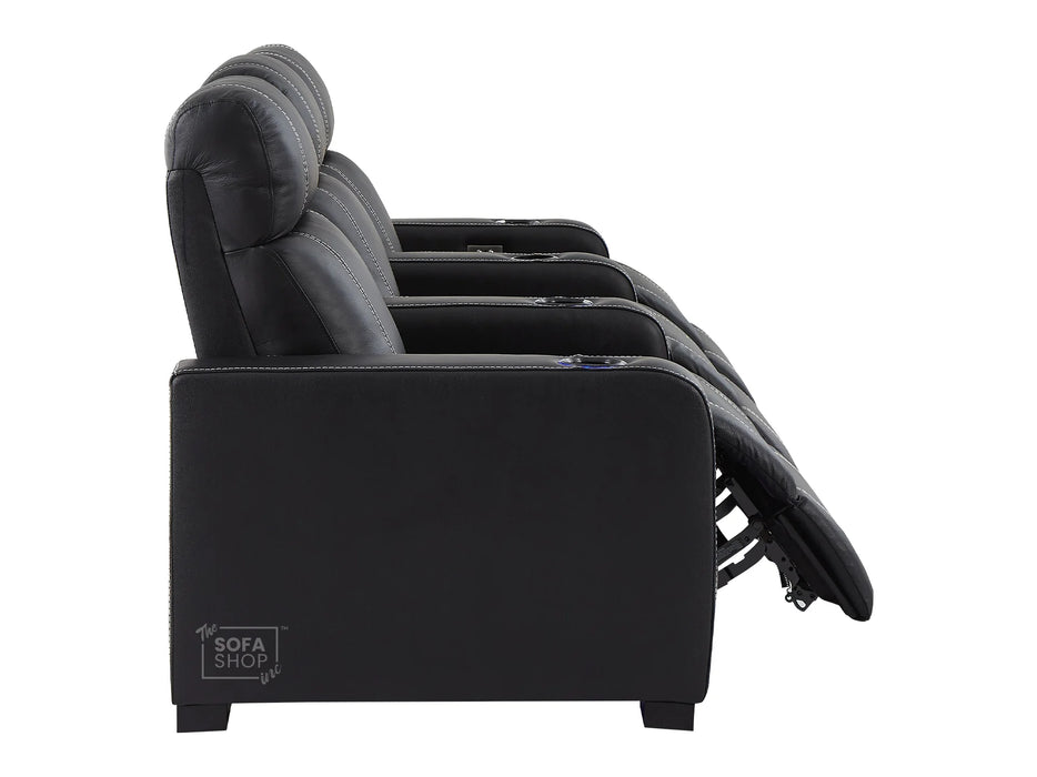 3+1 Electric Recliner Sofa Set Package in Black Real Leather With White Stitching, USB, Storage, and Electric Recliner Chair in Black Real Leather With White Stitching + Cup Holders + LED Light - Rimini- Rimini