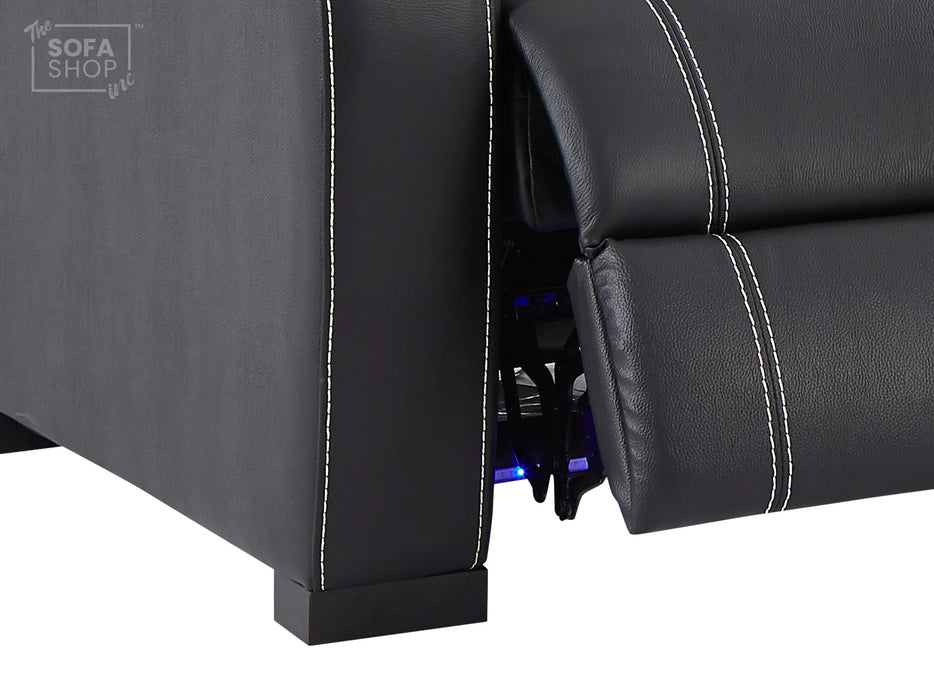 Electric Recliner Cinema Sofa 3 Seater in Black Real Leather with White Stitching, USB Ports, Cup Holders - Rimini