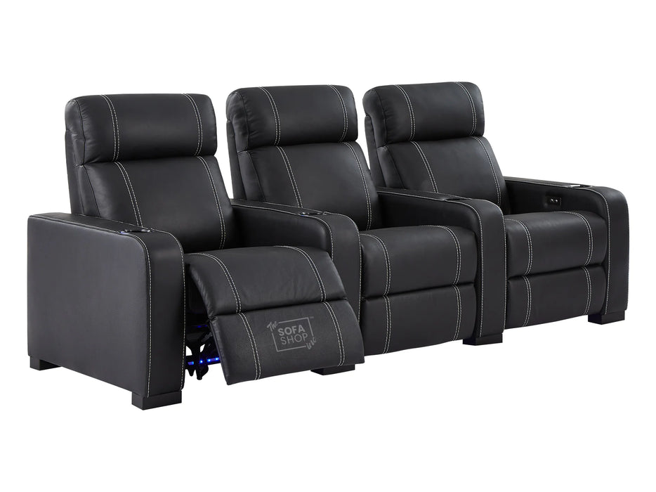 Electric Recliner Cinema Sofa 3 Seater in Black Real Leather with White Stitching, USB Ports, Cup Holders - Rimini