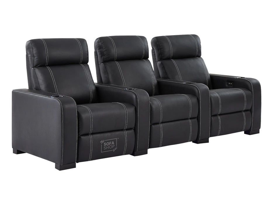 3+1 Electric Recliner Sofa Set Package in Black Real Leather With White Stitching, USB, Storage, and Electric Recliner Chair in Black Real Leather With White Stitching + Cup Holders + LED Light - Rimini- Rimini