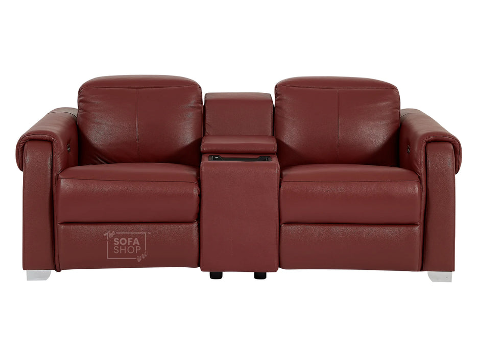 2 Seat Electric Recliner Home Cinema Theatre Sofa | Real Leather Couch in Red + Black Cup Holders + Power Headrests + USB + Console | Turin | Sofa Shop