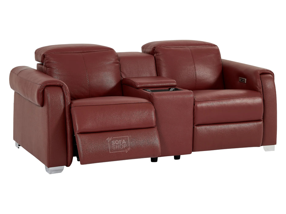 3+2 Reclining Hi-Tech Sofa Package | 2 Piece Electric Real Leather Sofa Set In Red with USB, Console & Cup Holders | Turin | The Sofa Shop