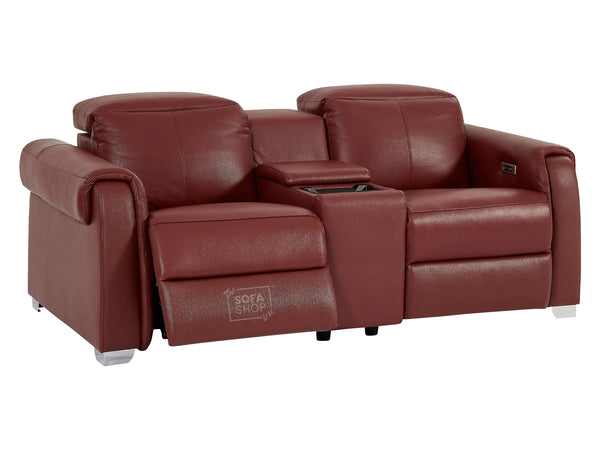 2 Seat Electric Recliner Home Cinema Theatre Sofa | Real Leather Couch in Red + Black Cup Holders + Power Headrests + USB + Console | Turin | Sofa Shop