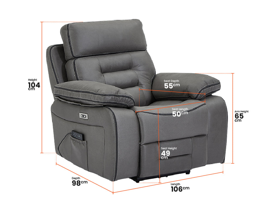 3 2 1 Electric Recliner Sofa Set. 3 Piece Cinema Sofa Package Suite in Grey Fabric With Usb Ports & Power Headrest & Wireless Charger - Tuscany