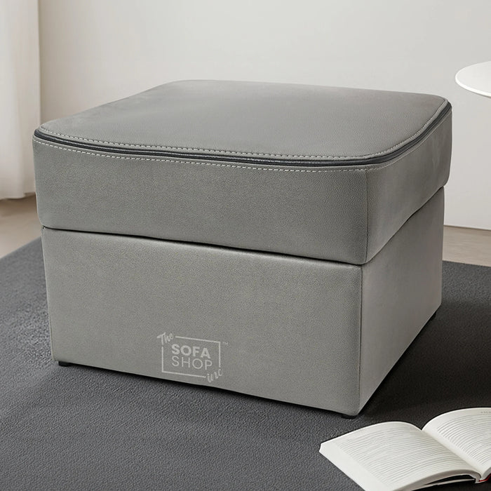 Storage Footstool In Light Grey Fabric With Black Piping - Tuscany