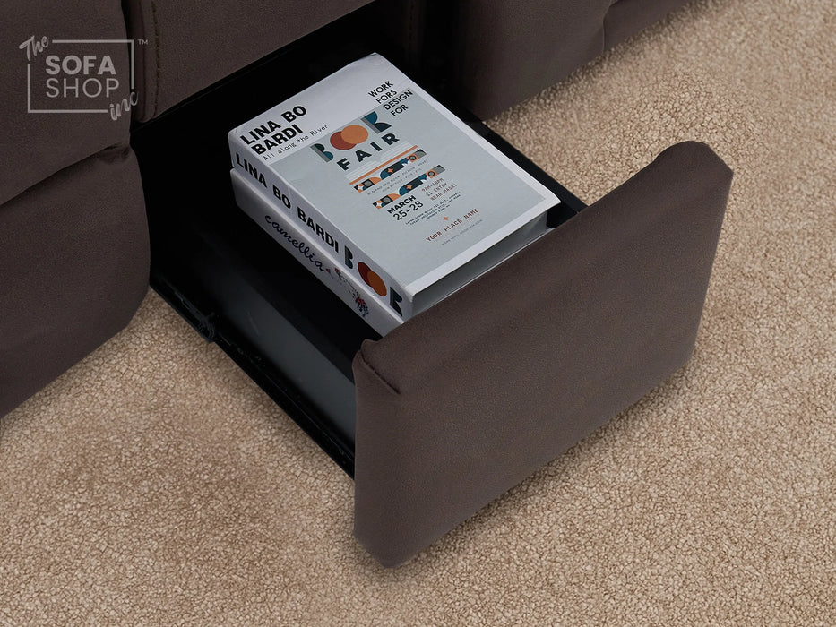 3+2 Electric Recliner Sofa Set in Brown Resillience Fabric | Hi-Tech Cinema Package with Massage, Drop-Down Table, Power Headrest, Power Recliner, Storage Drawer, USB & Wireless Charging | Sicily