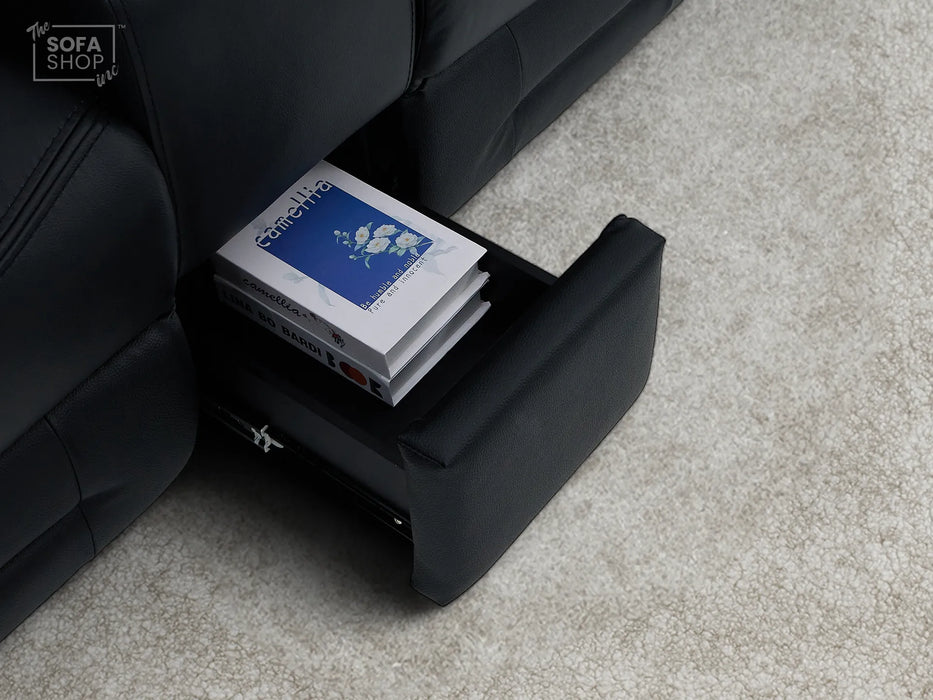 3+2 Electric Recliner Sofa Set in Black Real Leather | Hi-Tech Cinema Package with Massage, Drop-Down Table, Power Headrest, Power Recliner, Storage Drawer, USB & Wireless Charging | Sicily