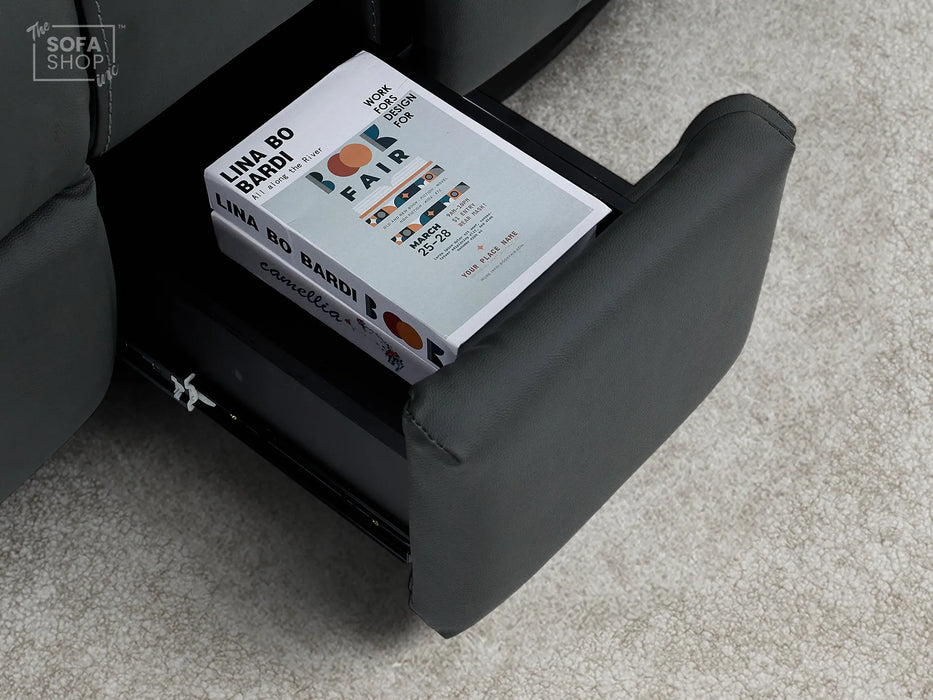 3+2 Electric Recliner Sofa Set in Grey Real Leather | Hi-Tech Cinema Package with Massage, Drop-Down Table, Power Headrest, Power Recliner, Storage Drawer, USB & Wireless Charging | Grey Real Leather | Sicily