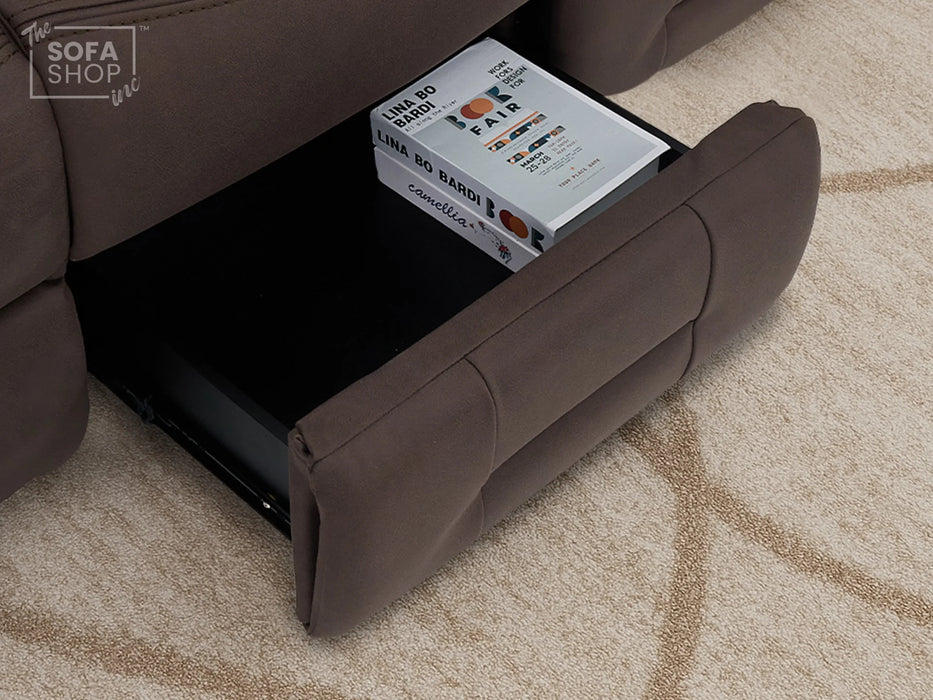 3+2 Electric Recliner Sofa Set in Brown Resillience Fabric | Hi-Tech Cinema Package with Massage, Drop-Down Table, Power Headrest, Power Recliner, Storage Drawer, USB & Wireless Charging | Sicily