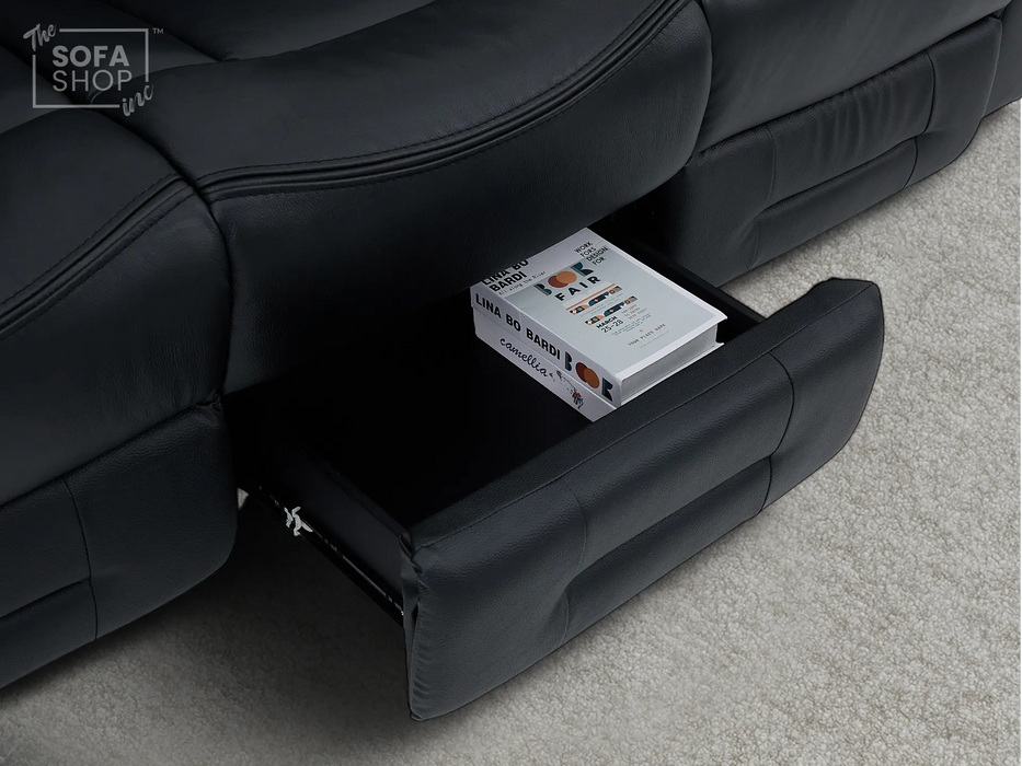 3+2+1 Electric Recliner Sofa Set in Black Real Leather | Hi-Tech Cinema Suite with Massage, Drop-Down Table, Power Headrest, Power Recliner, Storage Drawer, USB Port | Sicily