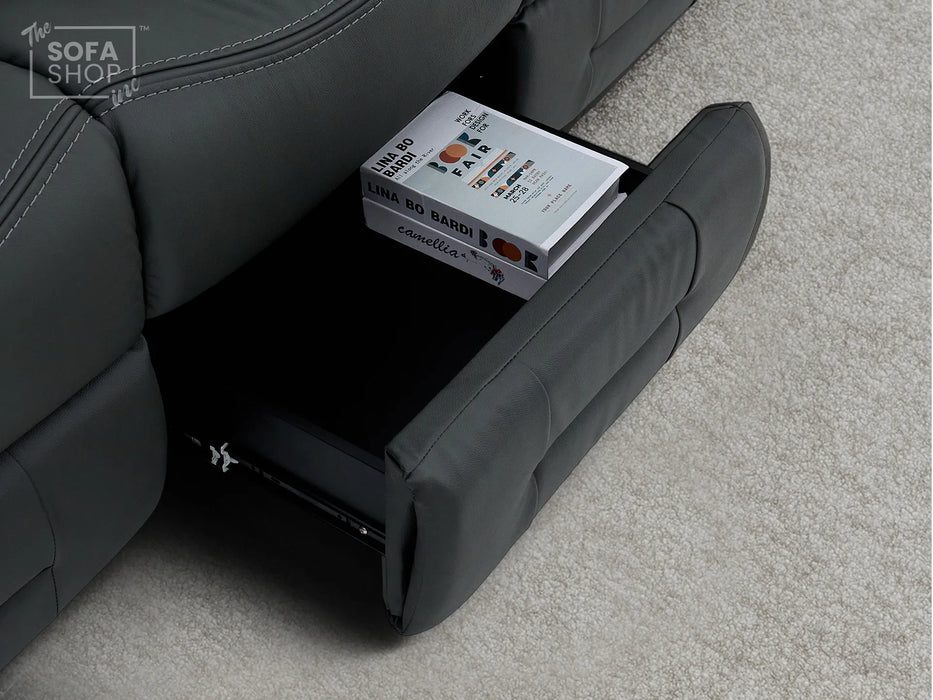 3+2 Electric Recliner Sofa Set in Grey Real Leather | Hi-Tech Cinema Package with Massage, Drop-Down Table, Power Headrest, Power Recliner, Storage Drawer, USB & Wireless Charging | Grey Real Leather | Sicily