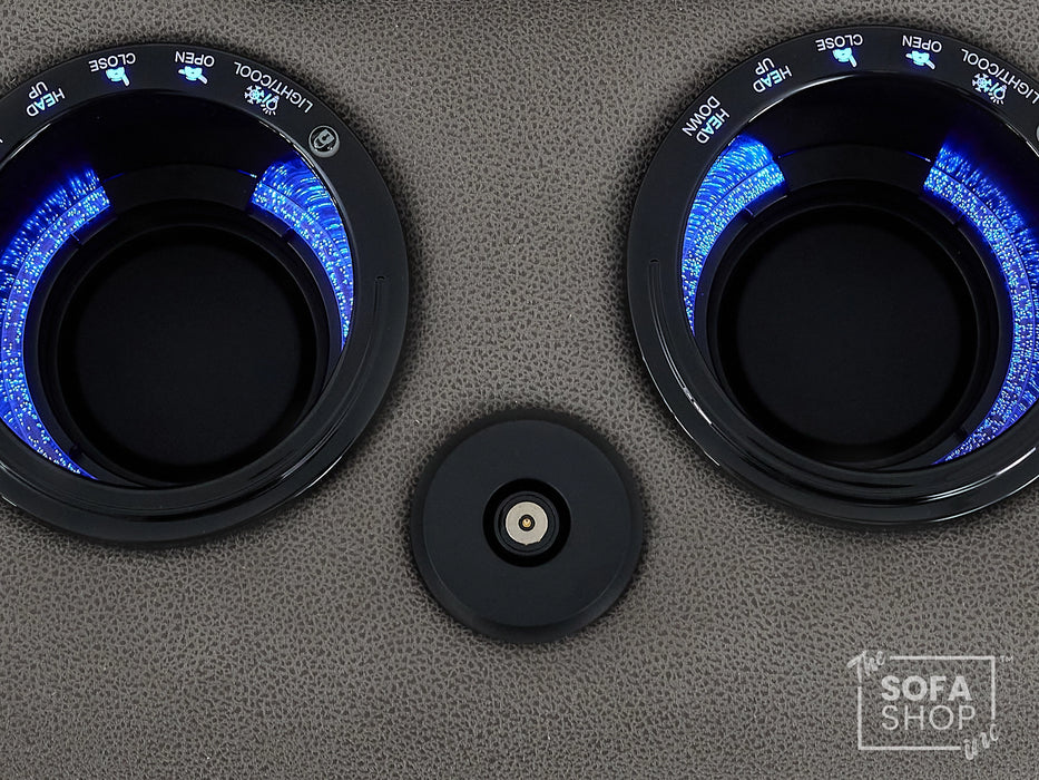 3+2 Sofa Set. Electric Cinema Sofa Suite in Graphite Fabric | Hi-Tech Sofa Set with Cupholders + Console + Power + USB + Speakers | Tuscany | The Sofa Shop