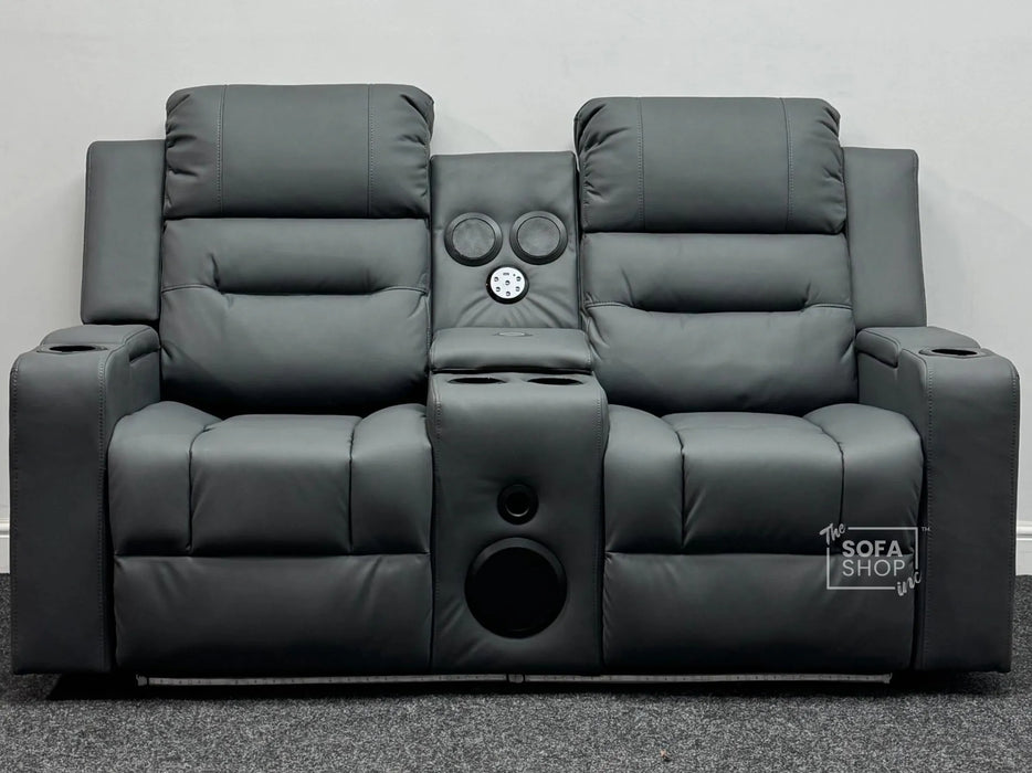 Second Hand Sofas 2 Seater Electric Recliner Sofa & Cinema Seats in Grey Leather. Smart Cinema Sofa With Power Functions, Console , Massage Seats & Speakers - Small Scuff at Back - Siena 143