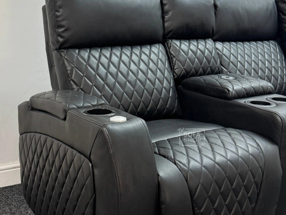 Venice Series One 3 Seater Electric Recliner Sofa & Cinema Seats Smart Cinema Sofa With Power, Massage & Console in Black Leather Aire - Minor Dent, Leather Creases & Ears are Missing - Second Hand Sofas 176