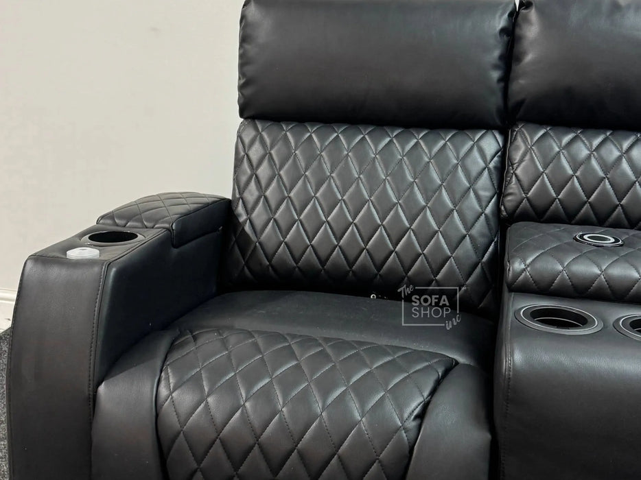 Venice Series One 3 Seater Electric Recliner Sofa & Cinema Seats Smart Cinema Sofa With Power, Massage & Console in Black Leather Aire - Minor Dent, Leather Creases & Ears are Missing - Second Hand Sofas 176